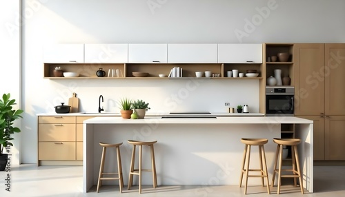 Wallpaper Mural A modern, minimalist kitchen with white cabinets, wooden accents, and a marble countertop. The kitchen features open shelving, a sink, and two wooden stools at the counter Torontodigital.ca