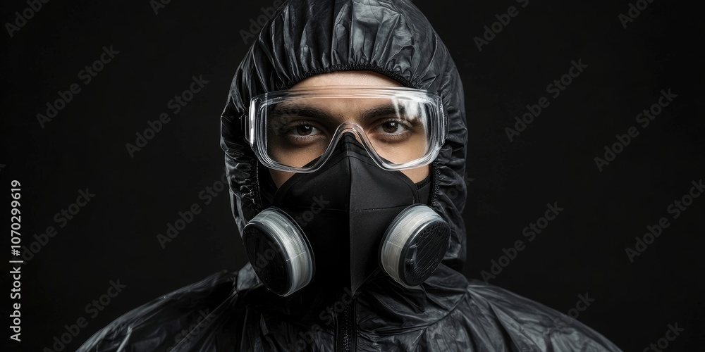 Man in a black hood, wearing protective glasses and a filter mask, isolated against a black background.
