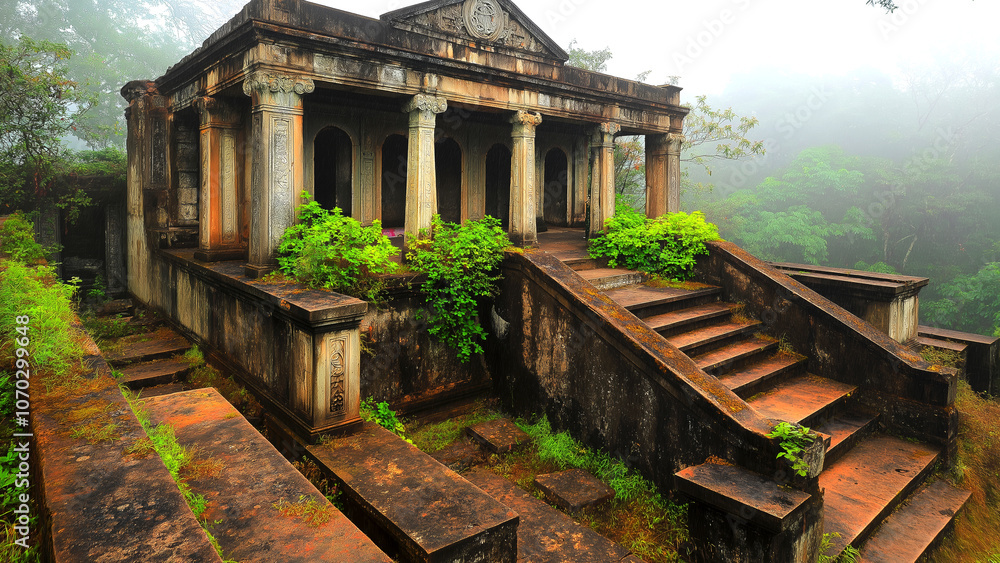 Overgrown ruins in a misty jungle highlight nature reclaiming power Overgrown ruins in a misty jungle highlight nature reclaiming power