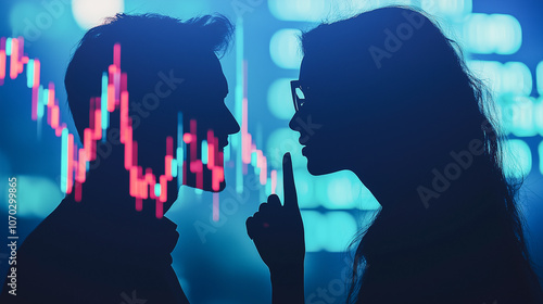 People exchanging secrets against a digital financial background, insider trading concept. photo