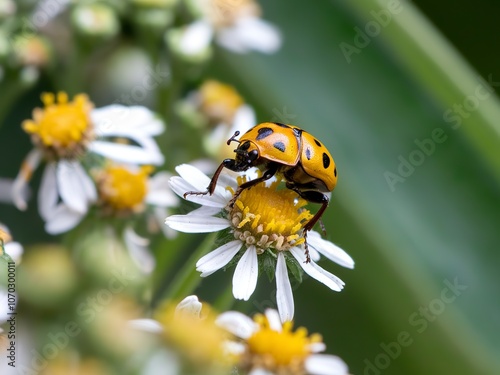 Crawling beetle on a flower in macro photography