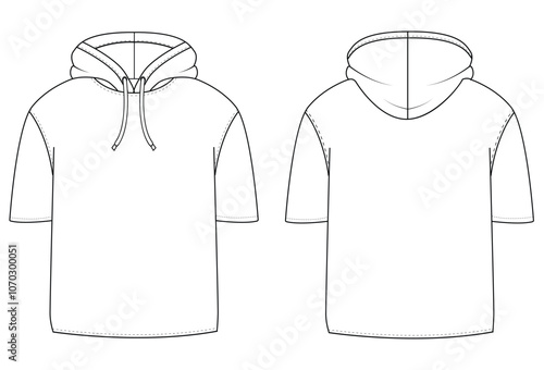 Hooded T Shirt fashion vector flat technical drawing template vector Illustration template design