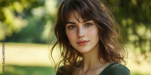 Fototapeta Naklejka Na Ścianę i Meble -  Close-up portrait of a young, attractive brunette woman in a summer park.