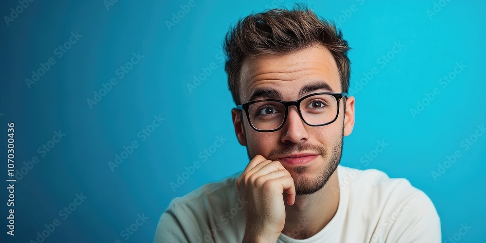 Portrait of a handsome, contemplative man with glasses in his mouth, casually pondering as he looks at the camera. Studio shot against a blue background.