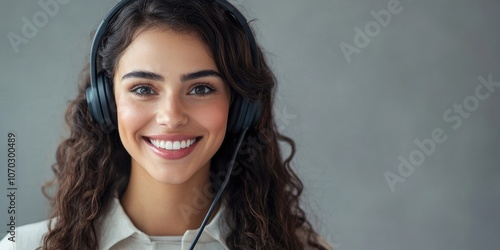 Obraz na płótnie Portrait of a smiling female support phone operator wearing a headset, set against a grey background. Consulting and assistance service call center. w salonie