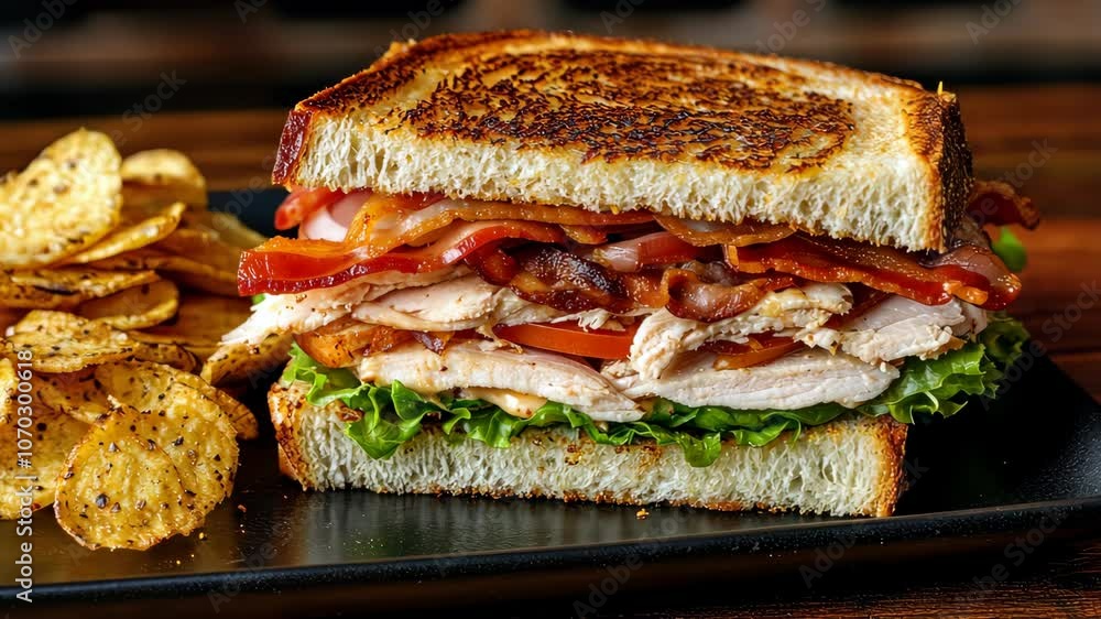 Toasted chicken and bacon club sandwich appearing Toasted chicken and bacon club sandwich appearing