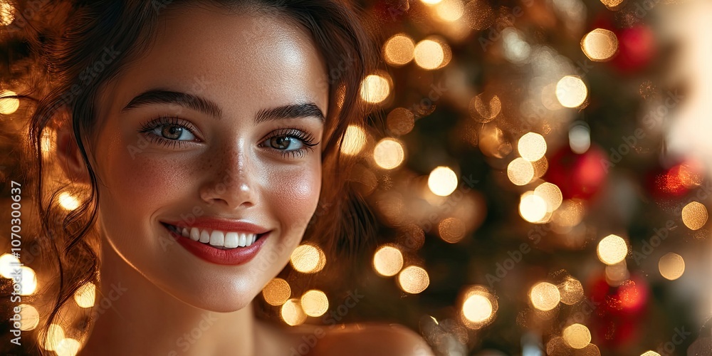 Close-up portrait of a young, beautiful woman set against a Christmas background. A smiling girl with flawless skin next to the Christmas tree. Close-up portrait of a young, beautiful woman set against a Christmas background. A smiling girl with flawless skin next to the Christmas tree.