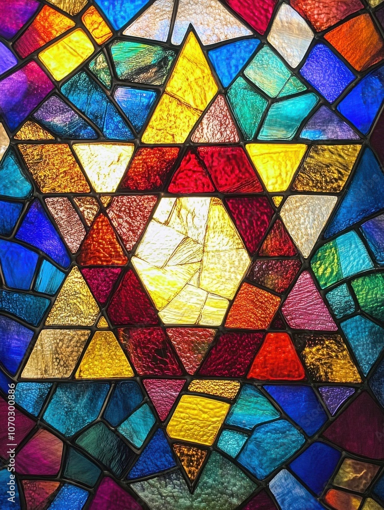 Colorful stained glass window featuring a Star of David design at a historic synagogue during midday light Colorful stained glass window featuring a Star of David design at a historic synagogue during midday light