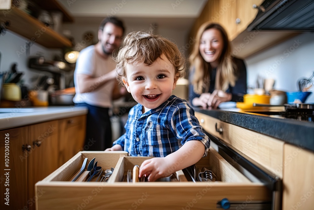 Happy child exploring kitchen drawer filled with utensils while parents share a joyful moment in a cozy home setting. Generative AI Happy child exploring kitchen drawer filled with utensils while parents share a joyful moment in a cozy home setting. Generative AI