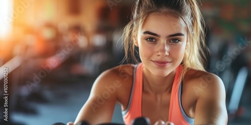 A young adult woman is training at the gym during the day, sitting on a spinning bike for a cardio workout. Real people, copy space.