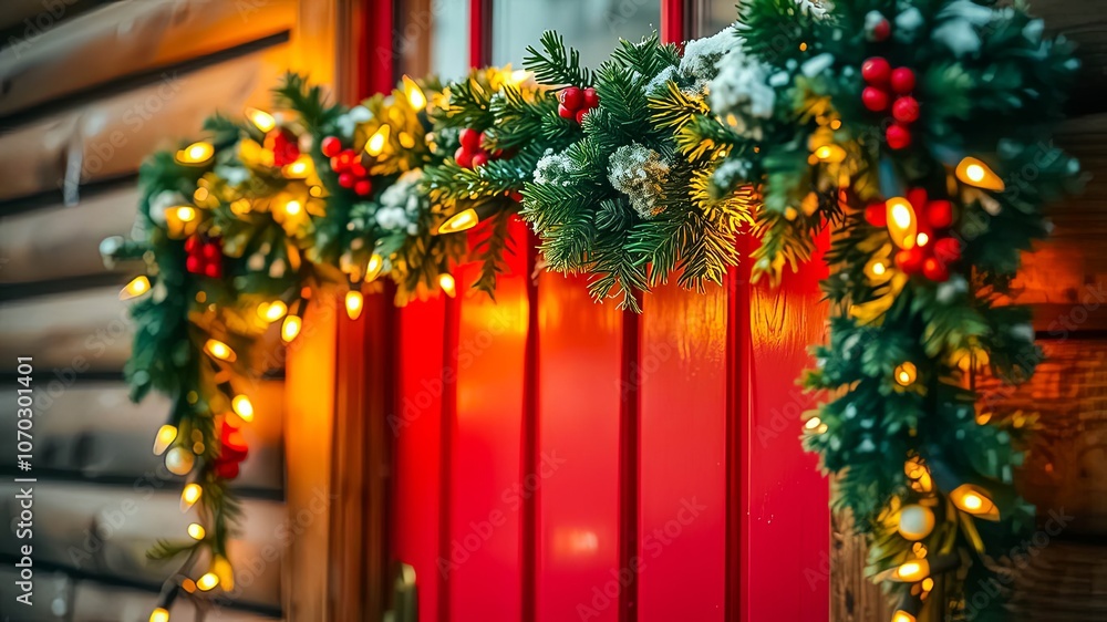 Festive Evergreen Garland Decorated with Twinkling Lights and Red Berries Adorns a Vibrant Red Door on a Wooden Building Festive Evergreen Garland Decorated with Twinkling Lights and Red Berries Adorns a Vibrant Red Door on a Wooden Building