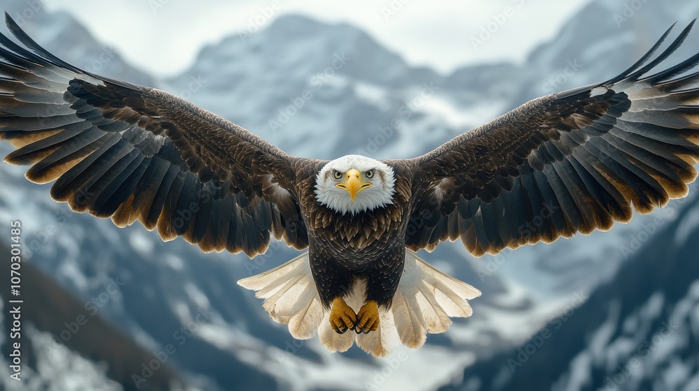 front view of an eagle flying with wings wide open. Mountains in the background. front view of an eagle flying with wings wide open. Mountains in the background.
