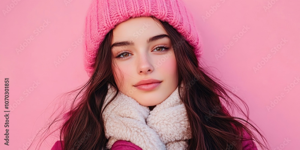 Attractive young woman with long hair in winter attire embracing herself, set against a pink background. Attractive young woman with long hair in winter attire embracing herself, set against a pink background.