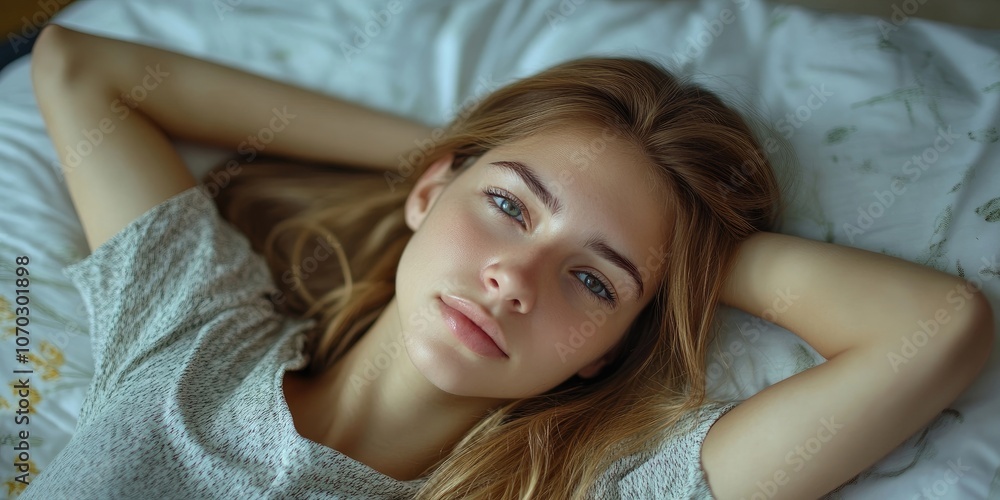 Fototapeta premium Young, attractive woman waking up in the morning.