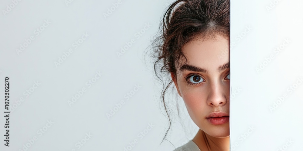 Young woman concealed behind a billboard and gazing at the camera, isolated against a white background. Young woman concealed behind a billboard and gazing at the camera, isolated against a white background.