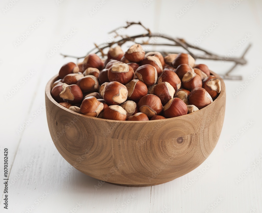 Hazelnuts in a wooden bowl isolated on white background Hazelnuts in a wooden bowl isolated on white background