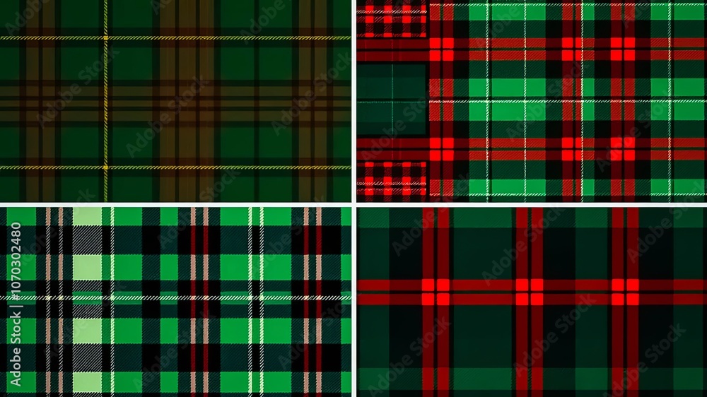 Obraz premium A vibrant collection of four unique plaid patterns featuring bold green, red, black and yellow color combinations.