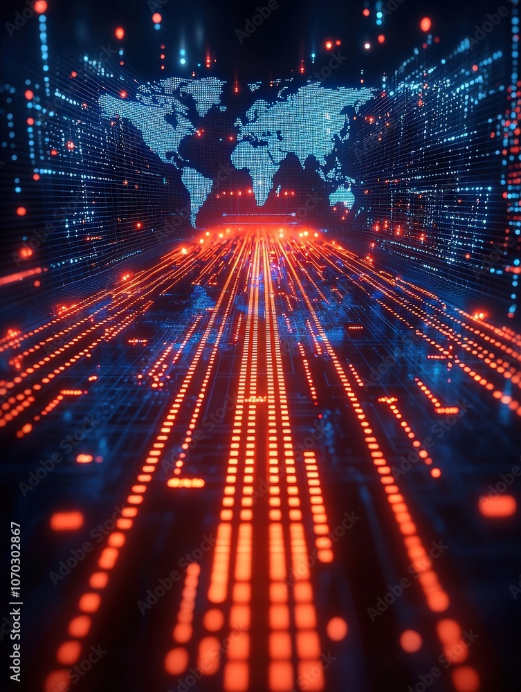 Obraz premium A futuristic digital tunnel with glowing red and blue data streams, creating a vibrant, tech-inspired atmosphere.