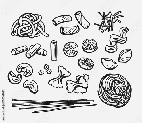 Traditional Italian pasta vector drawing. Free hand loose style sketch of various type of pasta. Mediterranean food set