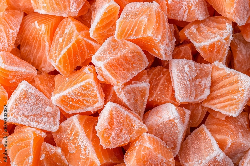 Photo of a pile of frozen diced raw salmon Photo of a pile of frozen diced raw salmon