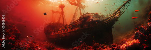 Mysterious Sunken Pirate Ship Covered with Coral Undersea red background photo