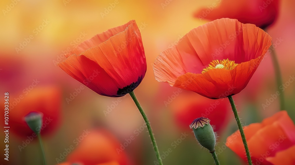 Fototapeta premium Bright red poppy flowers bloom amid a vibrant background filled with soft hues in a serene garden setting during springtime