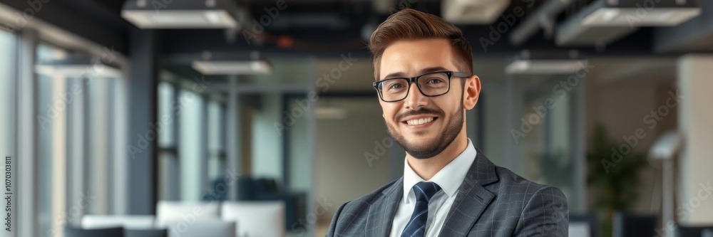 A confident business executive in a modern office, looking directly at the camera, leadership, contemporary A confident business executive in a modern office, looking directly at the camera, leadership, contemporary
