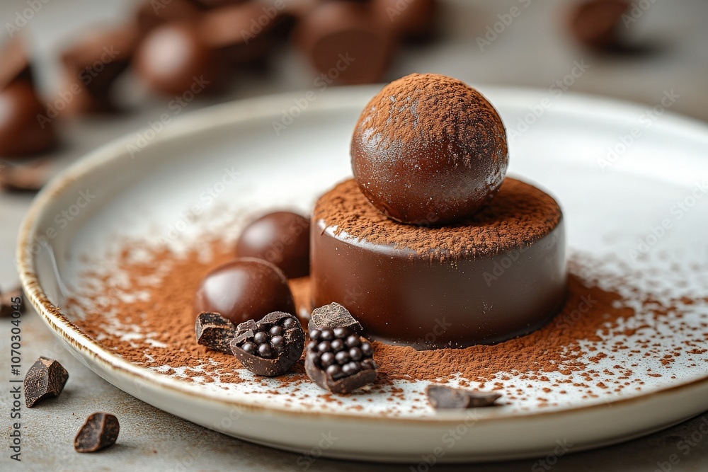 A gourmet chocolate dessert, crafted with rich dark chocolate, features a glossy dome atop a smooth base, dusted with cocoa powder, accompanied by decorative chocolate truffles. A gourmet chocolate dessert, crafted with rich dark chocolate, features a glossy dome atop a smooth base, dusted with cocoa powder, accompanied by decorative chocolate truffles.