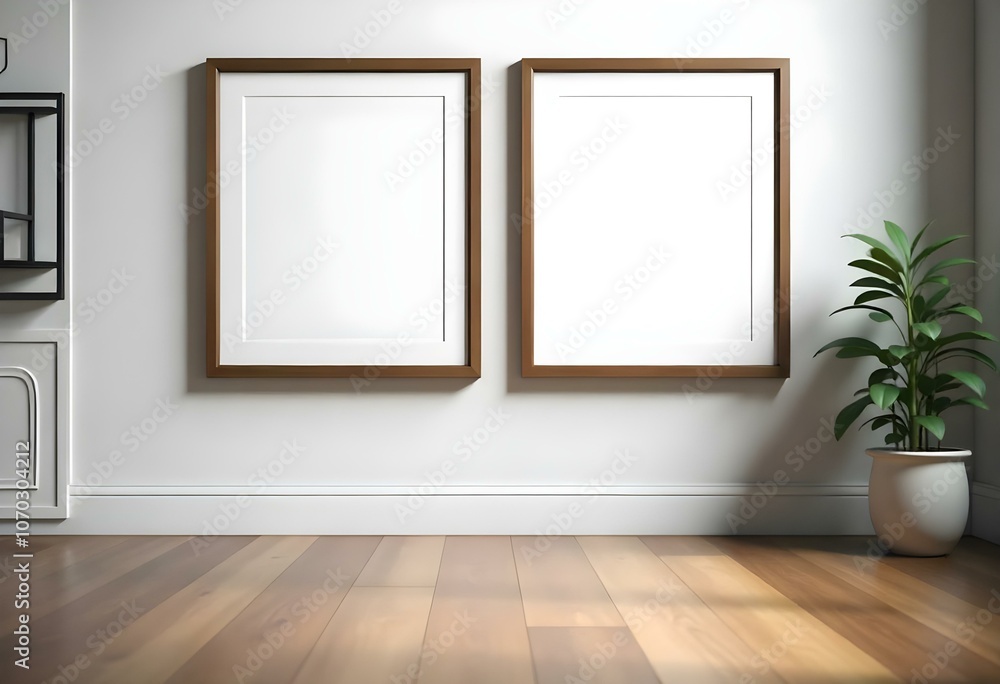 Two wooden framed empty picture frames hanging on a white wall above a wooden floor. Two wooden framed empty picture frames hanging on a white wall above a wooden floor.