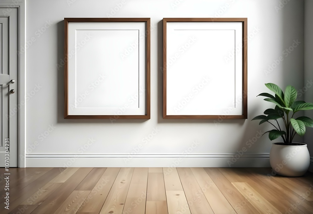 Two wooden framed empty picture frames hanging on a white wall above a wooden floor. Two wooden framed empty picture frames hanging on a white wall above a wooden floor.