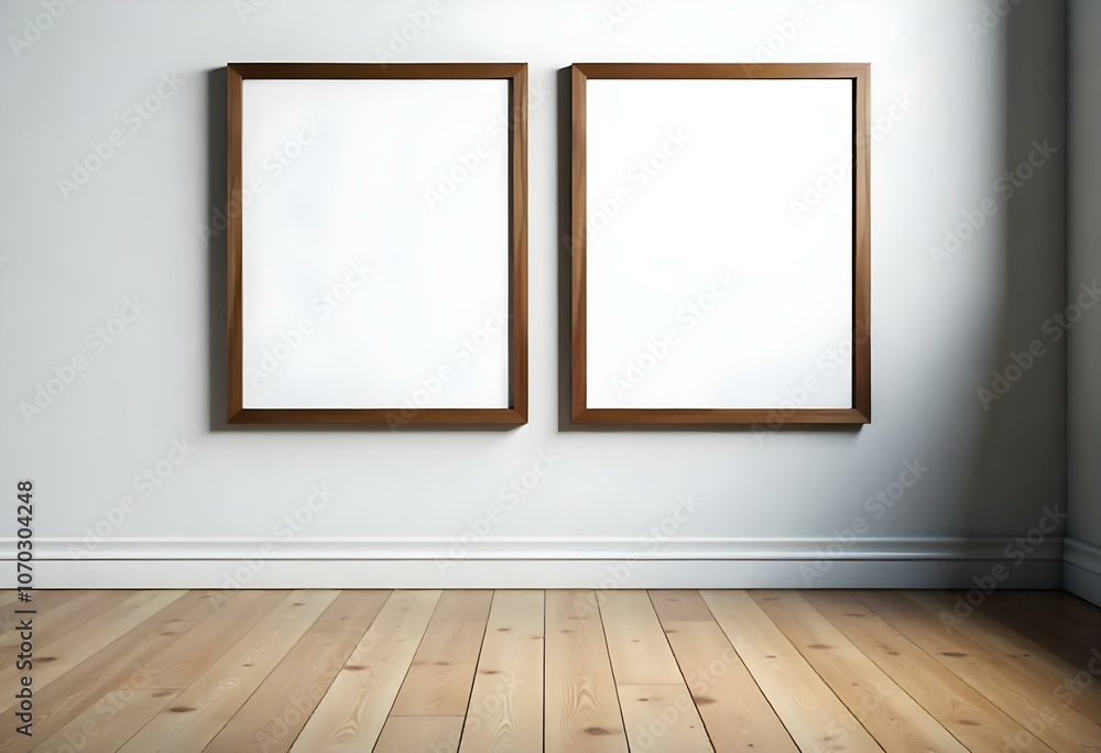 Two wooden framed empty picture frames hanging on a white wall above a wooden floor. Two wooden framed empty picture frames hanging on a white wall above a wooden floor.