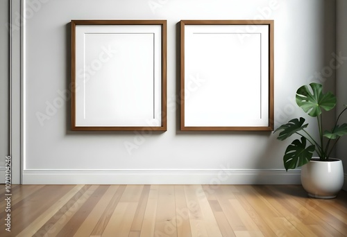 Two wooden framed empty picture frames hanging on a white wall above a wooden floor.