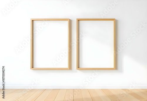 Two wooden framed empty picture frames hanging on a white wall above a wooden floor.