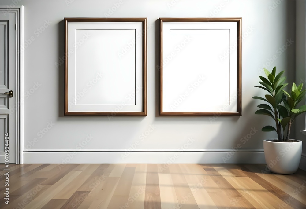 Two wooden framed empty picture frames hanging on a white wall above a wooden floor. Two wooden framed empty picture frames hanging on a white wall above a wooden floor.