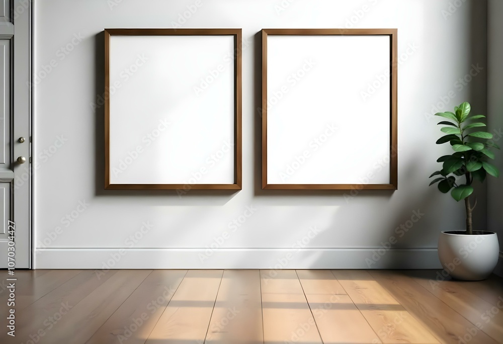 Two wooden framed empty picture frames hanging on a white wall above a wooden floor. Two wooden framed empty picture frames hanging on a white wall above a wooden floor.