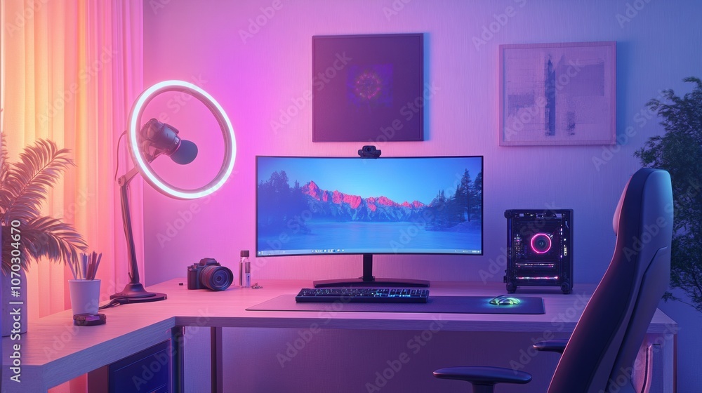Modern Streaming Studio with Bright Natural and Neon Lighting, Equipped with Camera, Ring Light, and Microphone for Content Creation, Featuring Industrial and Minimalist Decor for an Inspiring Workspa Modern Streaming Studio with Bright Natural and Neon Lighting, Equipped with Camera, Ring Light, and Microphone for Content Creation, Featuring Industrial and Minimalist Decor for an Inspiring Workspa