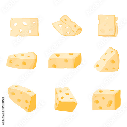 Set of cheese pieces and slices isolated on a white background. Cheese icon