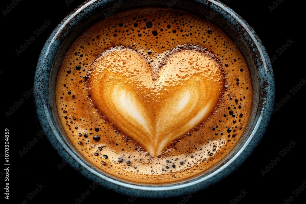 A beautifully crafted heart formed from steamed milk rests atop a rich espresso in a rustic coffee cup, capturing the essence of cafe culture and skilled barista artistry. A beautifully crafted heart formed from steamed milk rests atop a rich espresso in a rustic coffee cup, capturing the essence of cafe culture and skilled barista artistry.