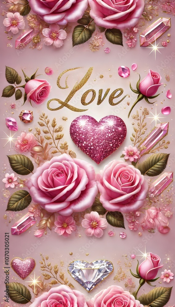 「Love」という言葉が中心に書かれた、ピンクのバラと輝くハートのデザイン。宝石や葉の装飾が加わり、フェミニンでロマンチックな雰囲気を作り出しています。愛と美を象徴する華やかなデザインです。
「Love」という言葉が中心に書かれた、ピンクのバラと輝くハートのデザイン。宝石や葉の装飾が加わり、フェミニンでロマンチックな雰囲気を作り出しています。愛と美を象徴する華やかなデザインです。