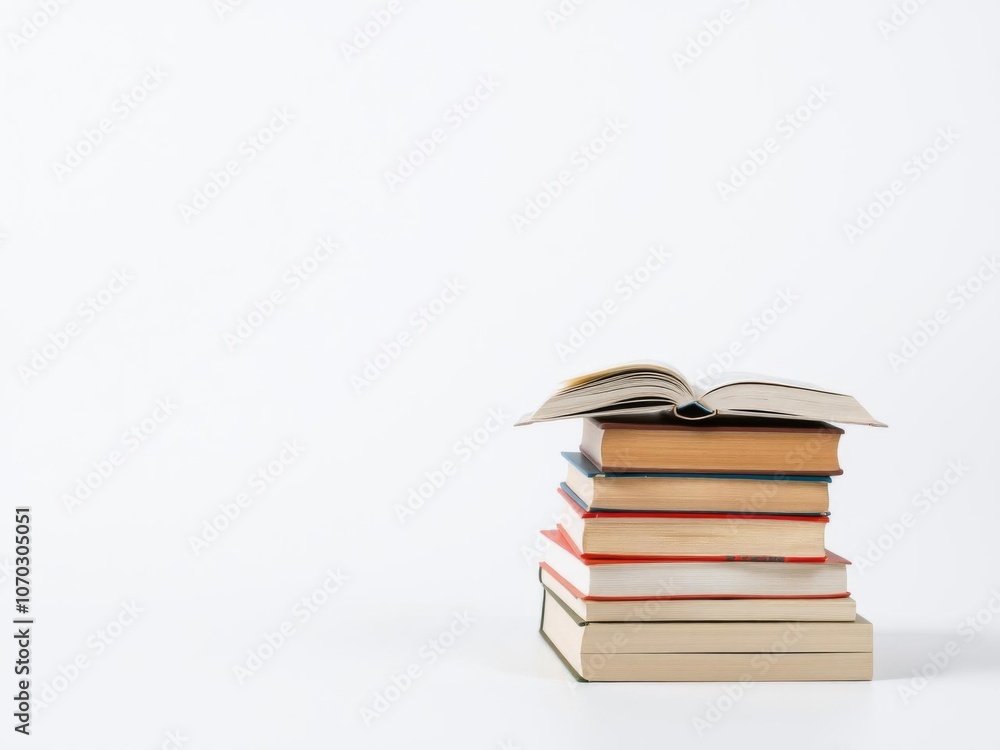 A neat pile of books with one book open on top, isolated on white background, learning, background A neat pile of books with one book open on top, isolated on white background, learning, background