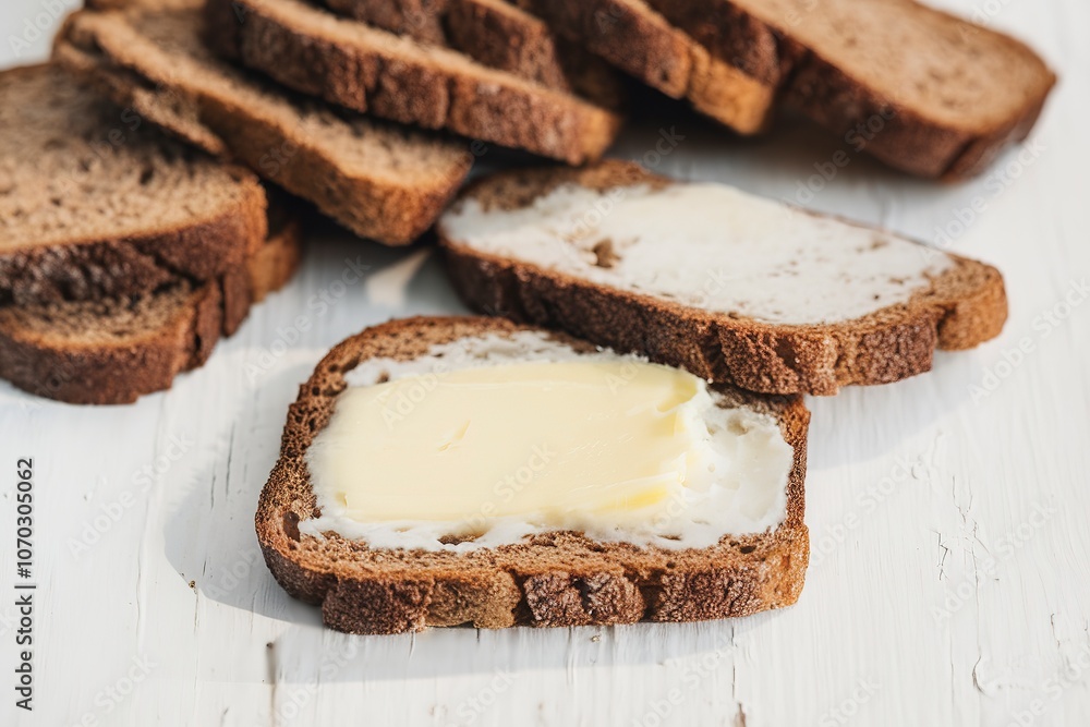 Sliced of brown bread with butter on a white wooden background. Top view Sliced of brown bread with butter on a white wooden background. Top view