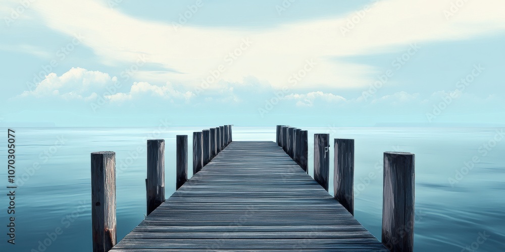 Fototapeta premium Tranquil wooden pier extending into calm blue waters under a serene sky with fluffy clouds in a peaceful coastal setting