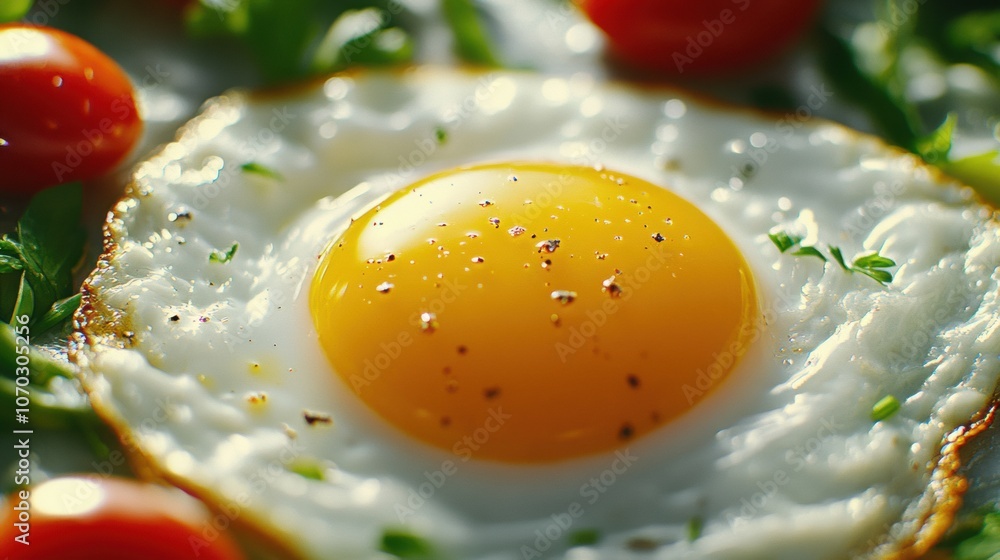 Perfectly cooked sunny-side-up egg with fresh herbs and cherry tomatoes, AI Perfectly cooked sunny-side-up egg with fresh herbs and cherry tomatoes, AI