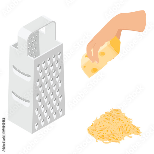 Cheese grater, grated cheese and piece of cheese
