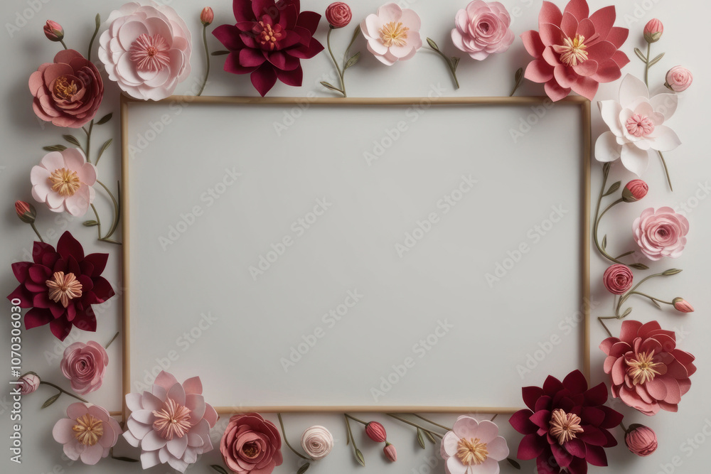 Abstract frame from pastel paper flowers on white background. Boho card template. AI generated Abstract frame from pastel paper flowers on white background. Boho card template. AI generated