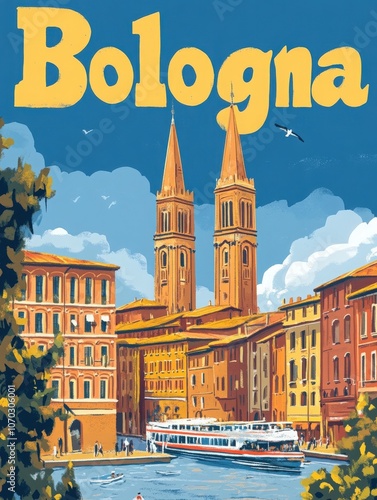 This vintage travel poster showcases Bolognas stunning architecture, featuring its twin towers alongside picturesque canals, inviting travelers to explore the citys rich history and culture.