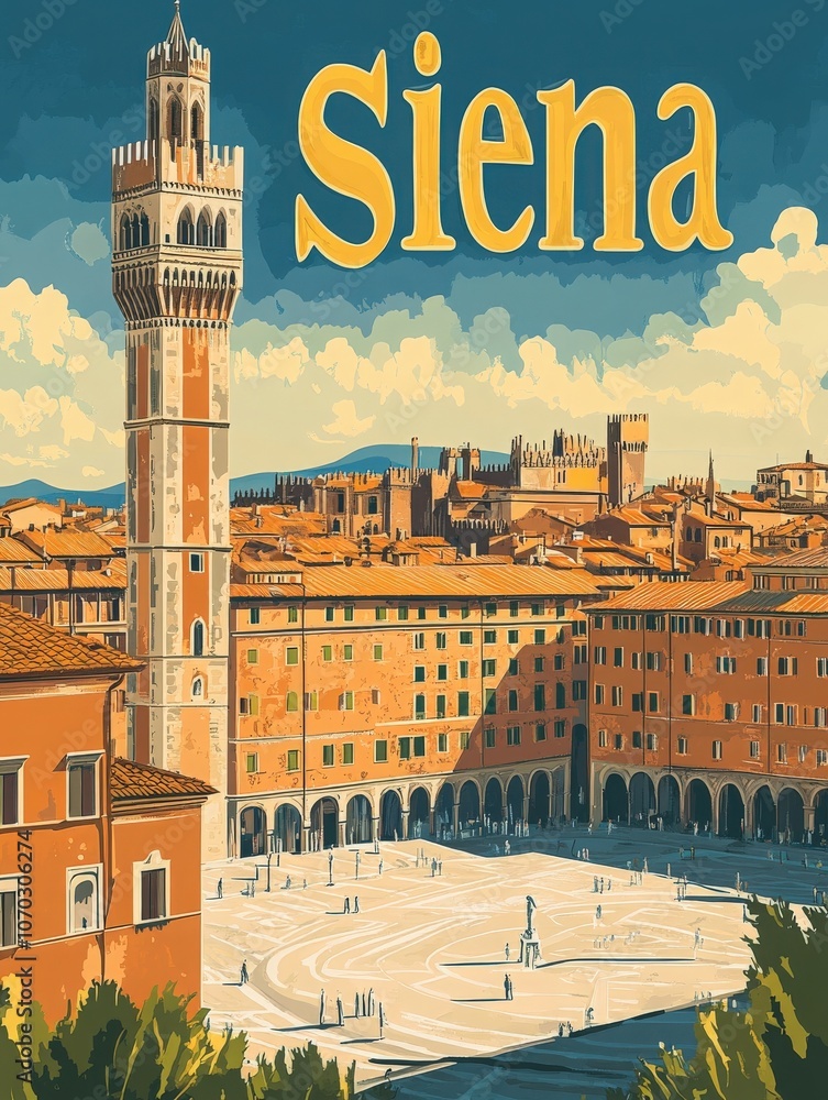 Obraz premium This vintage travel poster showcases the stunning architecture of Siena, highlighting the famous tower and historic Piazza del Campo. The artwork captures the essence of the citys rich heritage.