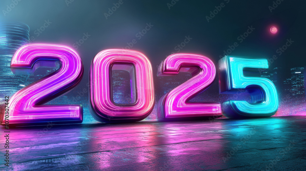 Neon 2025 lights illuminate a futuristic cityscape at night, AI Neon 2025 lights illuminate a futuristic cityscape at night, AI
