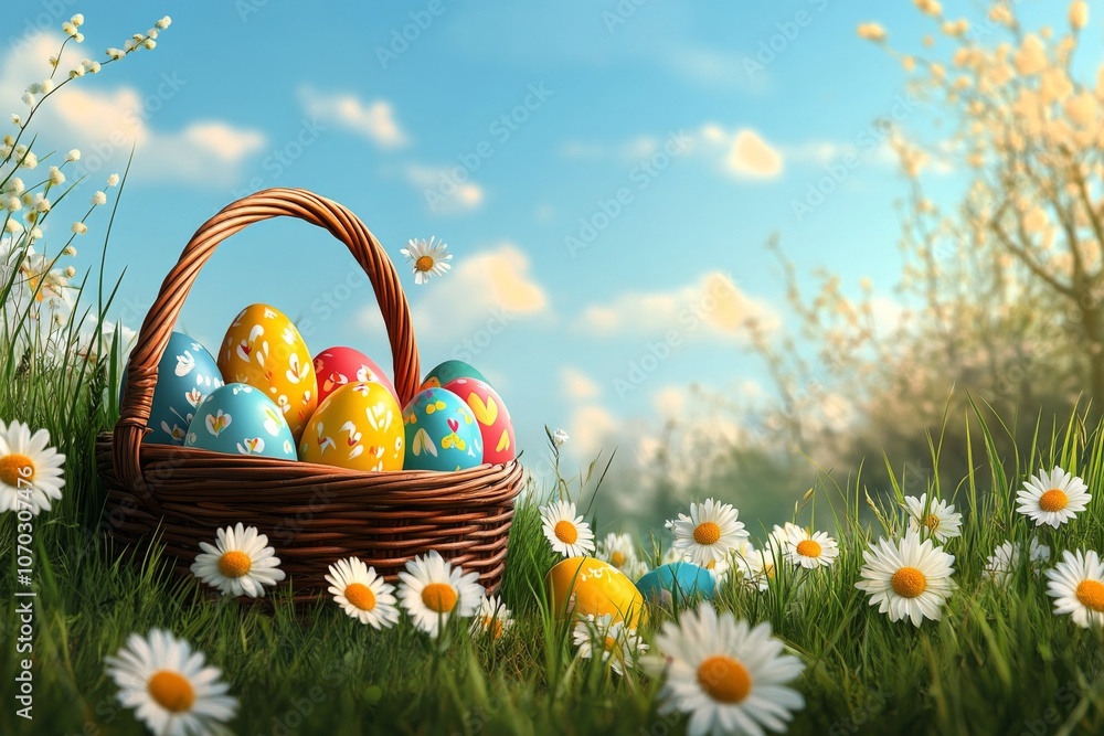 Colorful Easter eggs in a woven basket surrounded by daisies under a clear blue sky Colorful Easter eggs in a woven basket surrounded by daisies under a clear blue sky