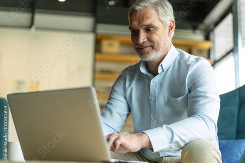 Smiling businessman sitting in office lobby working on laptop. Male business professional working in office lobby